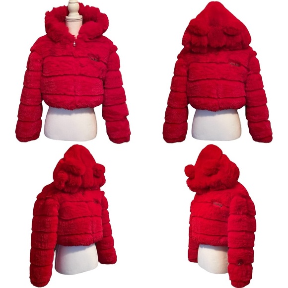 Forever 21 x Disney Mickey Mouse Faux Fur Cropped Red Hooded Puffer Jacket Small - Picture 1 of 16